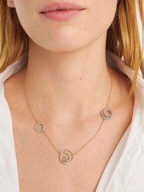 Tory Burch Miller T Gold Double-Circle Pendant Necklace with Crystal Rings